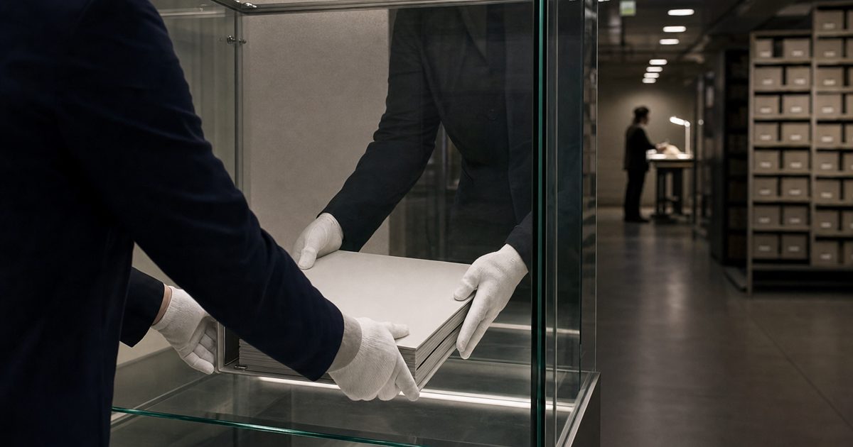 Documentary news photograph of white-gloved archivists placing a thick unmarked diplomatic binder inside a climate-controlled glass case in a modern.
