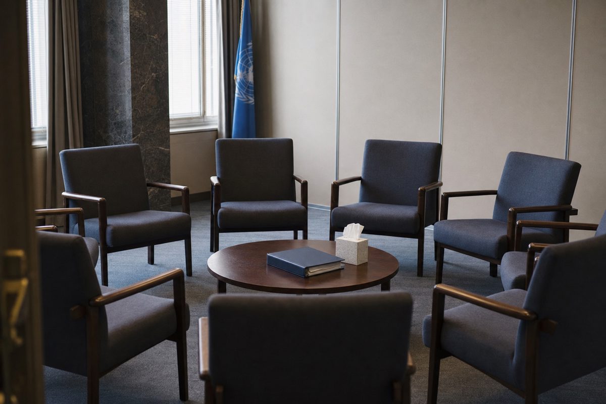 News photograph of an empty circle of conference chairs around a small table holding one closed binder and a box of tissues in a neutral international meeting.