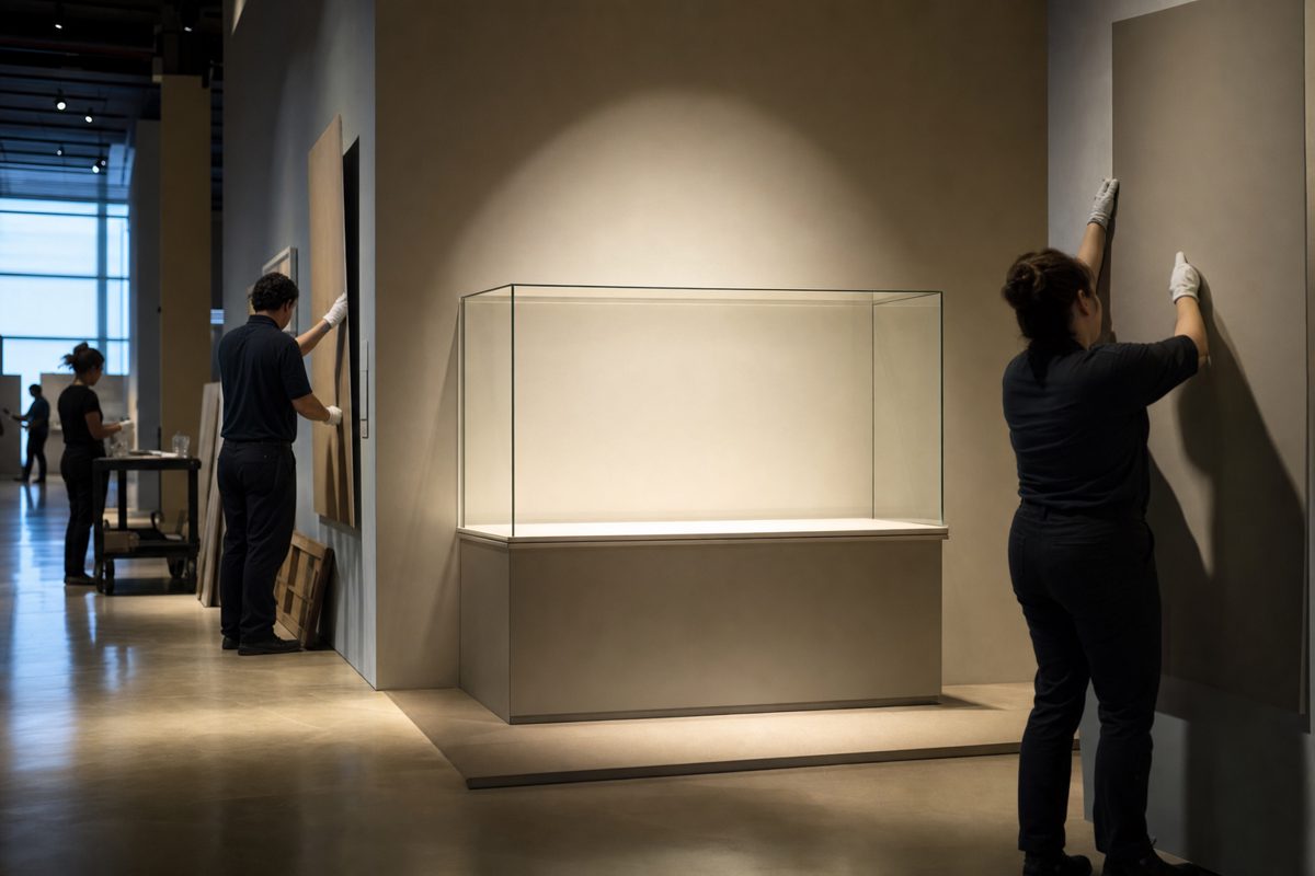 Wide news photograph of a newly prepared empty display case under a spotlight at the end of a modern archival gallery, workers seen from behind adjusting the.