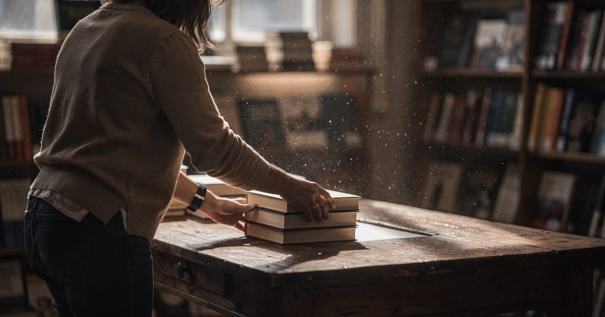 Late morning light catching the dust motes in a quiet independent bookshop, a staff member seen from behind shifting a stack of thick paperback journals on a.