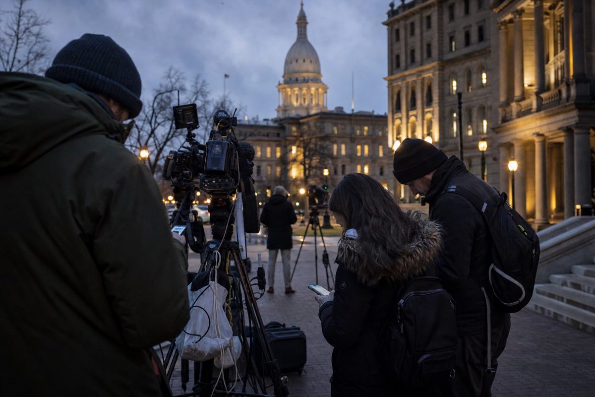 Realistic press photograph of anonymous political reporters waiting outside a government building in Michigan at dusk, several checking phones while camera.