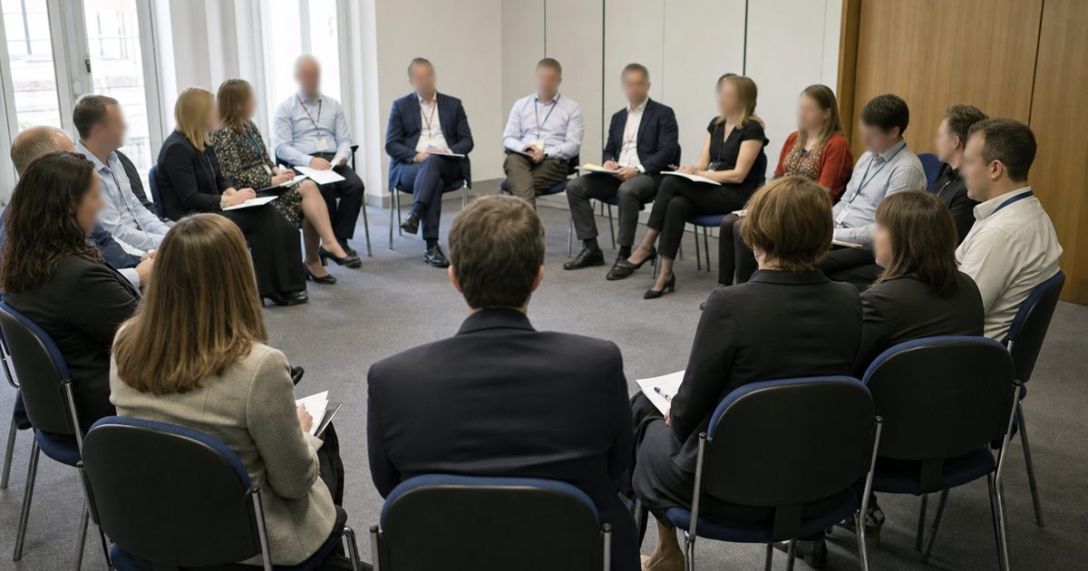 A wide editorial news photograph of an anonymous British government meeting room with civil servants seated in a circle of plain chairs, folders on their laps.