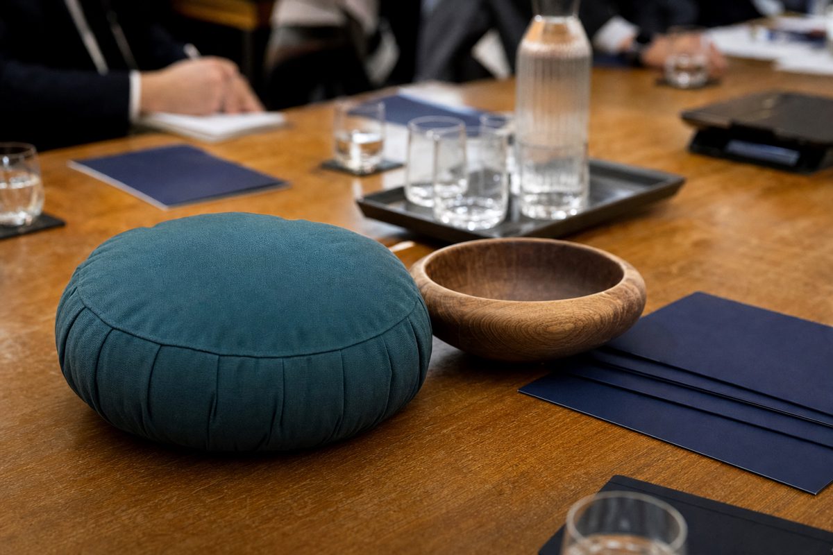 A documentary-style close photograph of a fabric talking cushion beside official-looking blank folders and a wooden bowl on a conference-room table, no visible.