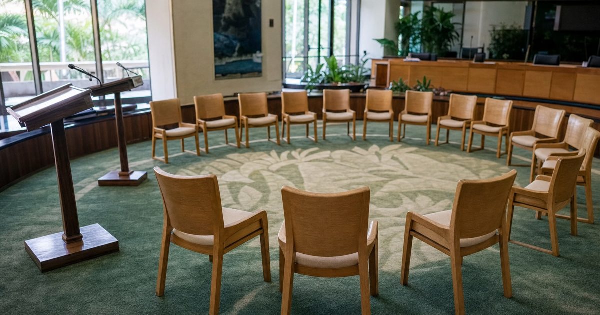 Documentary news photograph inside a Honolulu government meeting room, an empty circle of simple wooden chairs with two lecterns pushed to the side, tropical.