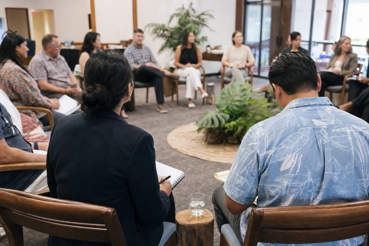 News photograph of two anonymous campaign representatives seen from behind sitting in a facilitated discussion circle with notebooks and water glasses, neutral.