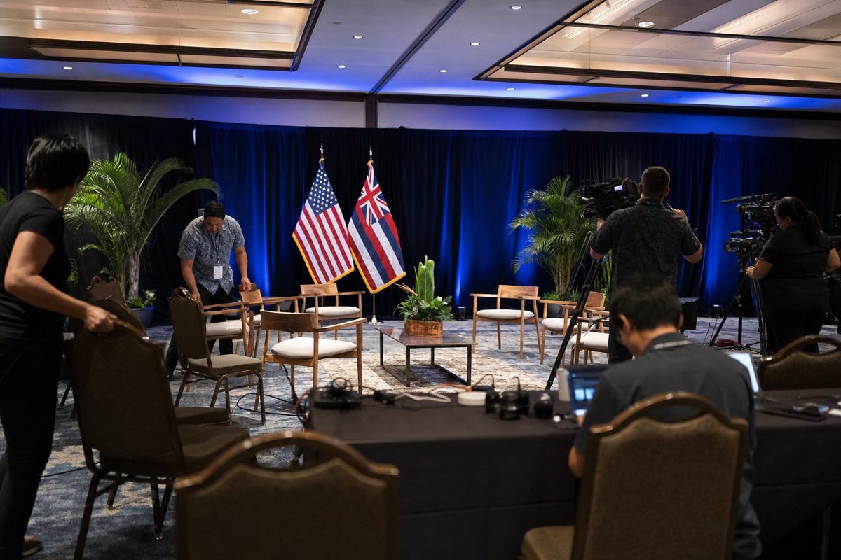 Election-night press room in Hawaii with anonymous staff arranging chairs and television cameras before an event, subdued professional atmosphere, no.