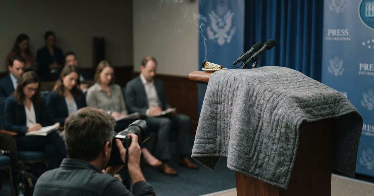 A formal wooden press briefing podium in a government press room draped in a heavy gray weighted therapeutic blanket, with a burning bundle of sage resting.