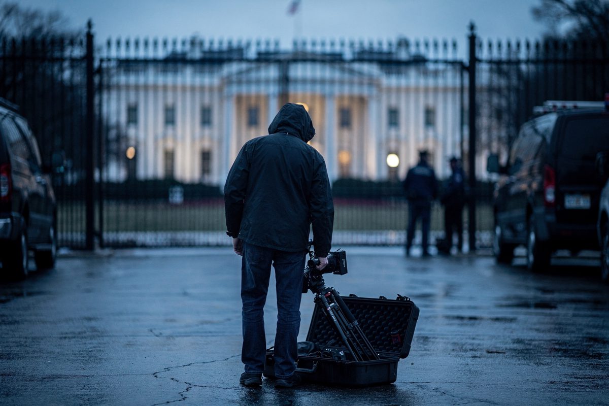 Wide shot at cold blue dawn on the pavement outside the White House northwest gate, a lone camera operator in a rain jacket seen from behind folding a tripod.
