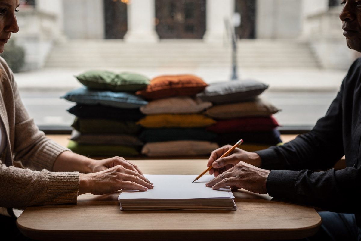 Mid-shot across a cafe table opposite a courthouse in flat midday light, a woman visible only as forearms and a cardigan sleeve squaring a stack of blank.