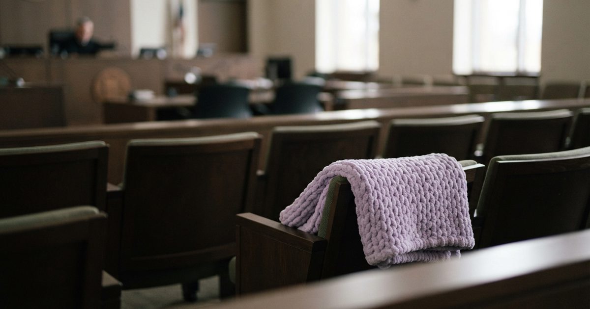 A blurry, soft-focus photograph of empty wooden jury box seats in a modern courtroom, with a single pastel-colored, heavy weighted blanket folded neatly over.
