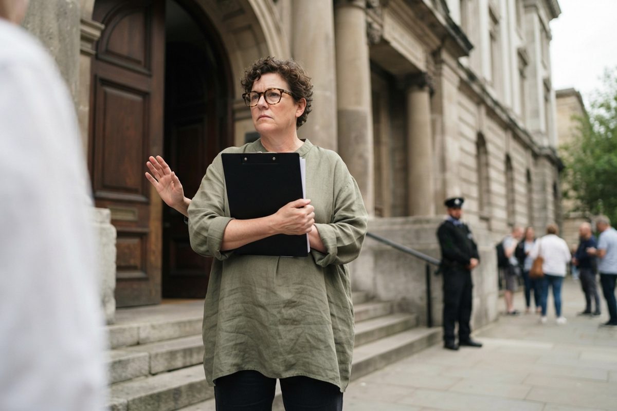 A serious-looking person in an oversized linen tunic and thick-rimmed glasses holding a clipboard, standing defensively in front of heavy wooden courthouse.