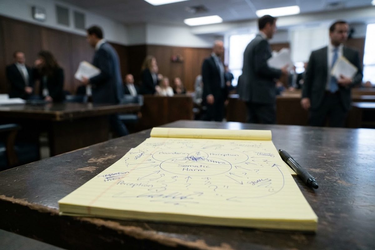 A close-up of a yellow legal notepad resting on a courtroom defense table, where someone has doodled a complex, overlapping Venn diagram with the words.