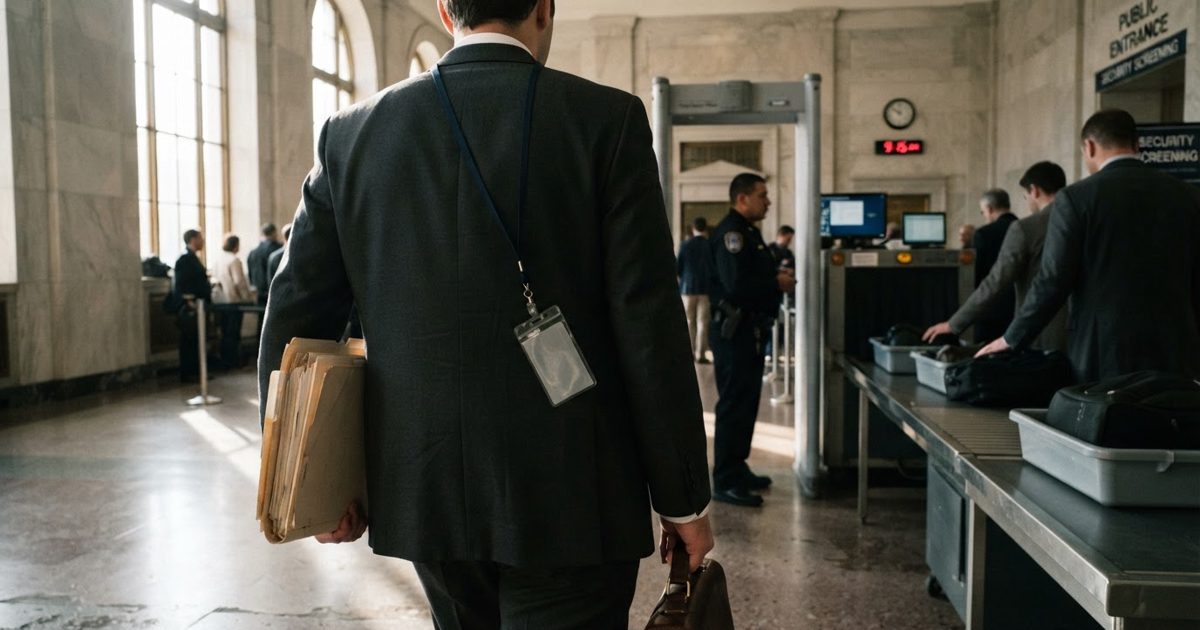 Morning light through tall courthouse windows falling on a person seen from behind in a dark suit, carrying a thick accordion file toward a metal detector.