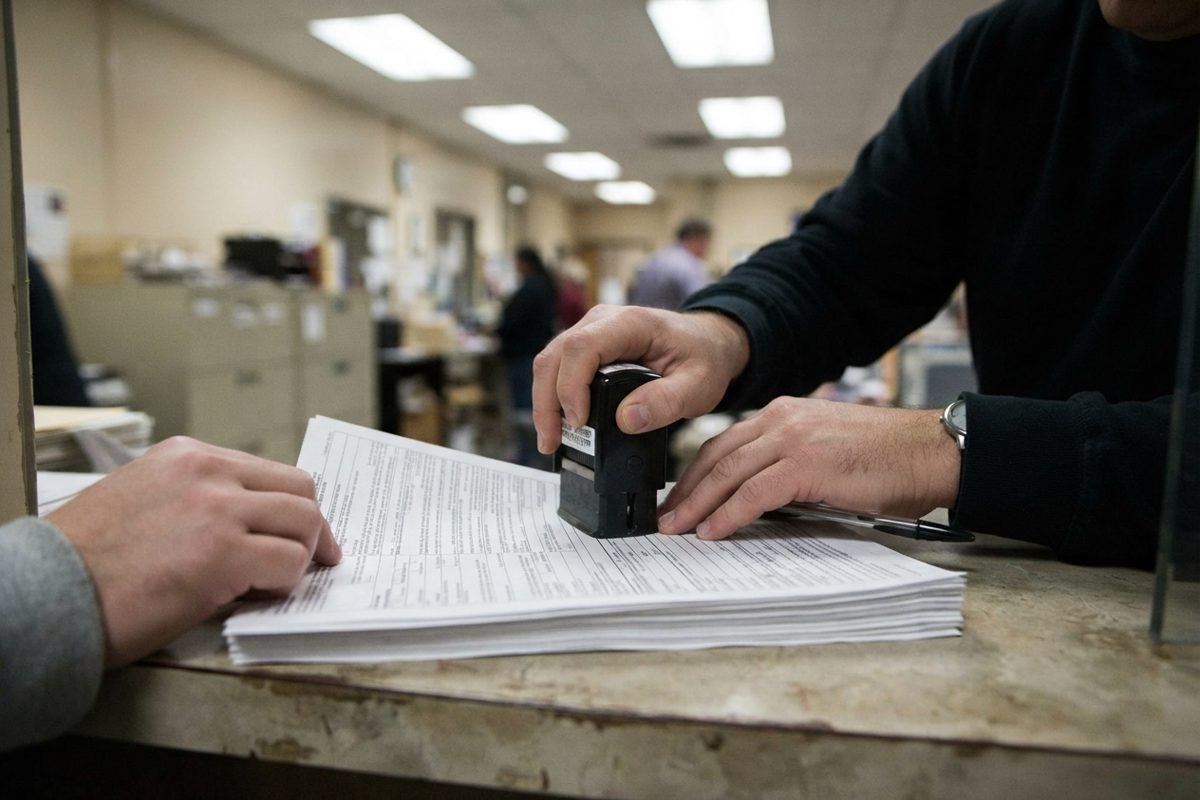 Close-up under harsh fluorescent office light of two hands pressing a rubber stamp onto a multi-page form at a service-window counter, a cheap ballpoint pinned.