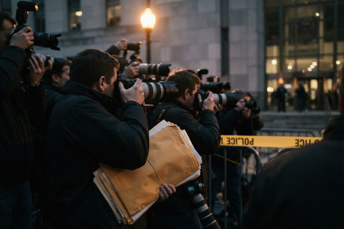 Dusk outside a federal building, a crowd of photographers shot from behind along police barrier tape, long lenses raised, sodium streetlight catching the tape.