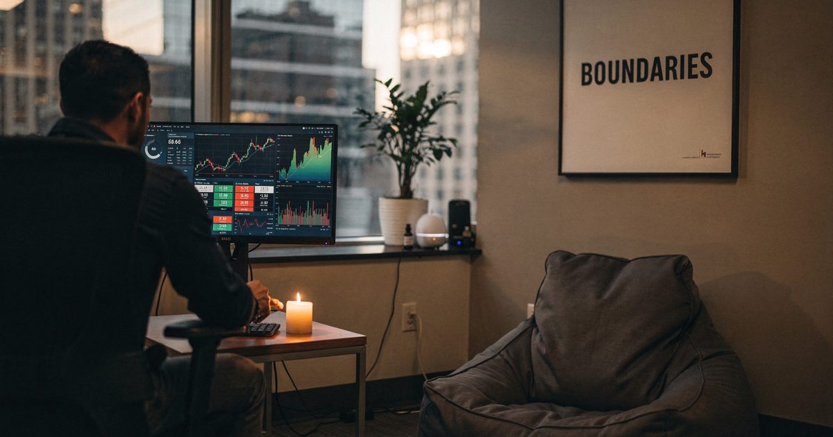 Soft late-afternoon light in a Manhattan fintech office wellness room as an employee seen from behind lights a candle beside a monitor showing live market.