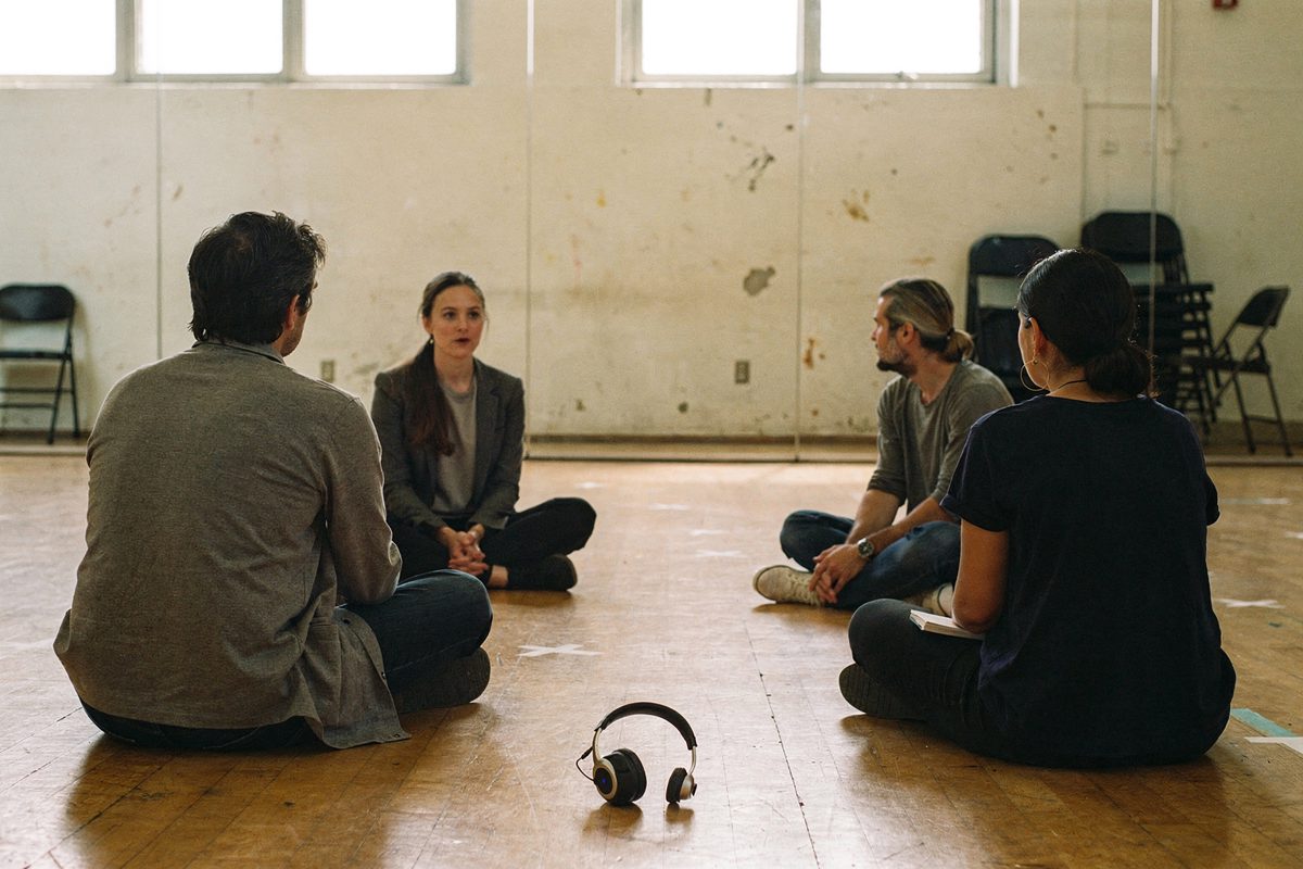 Wide shot of a bare theatre rehearsal room in mid-morning daylight, four figures seated on the floor seen from behind against a mirrored wall, a single.