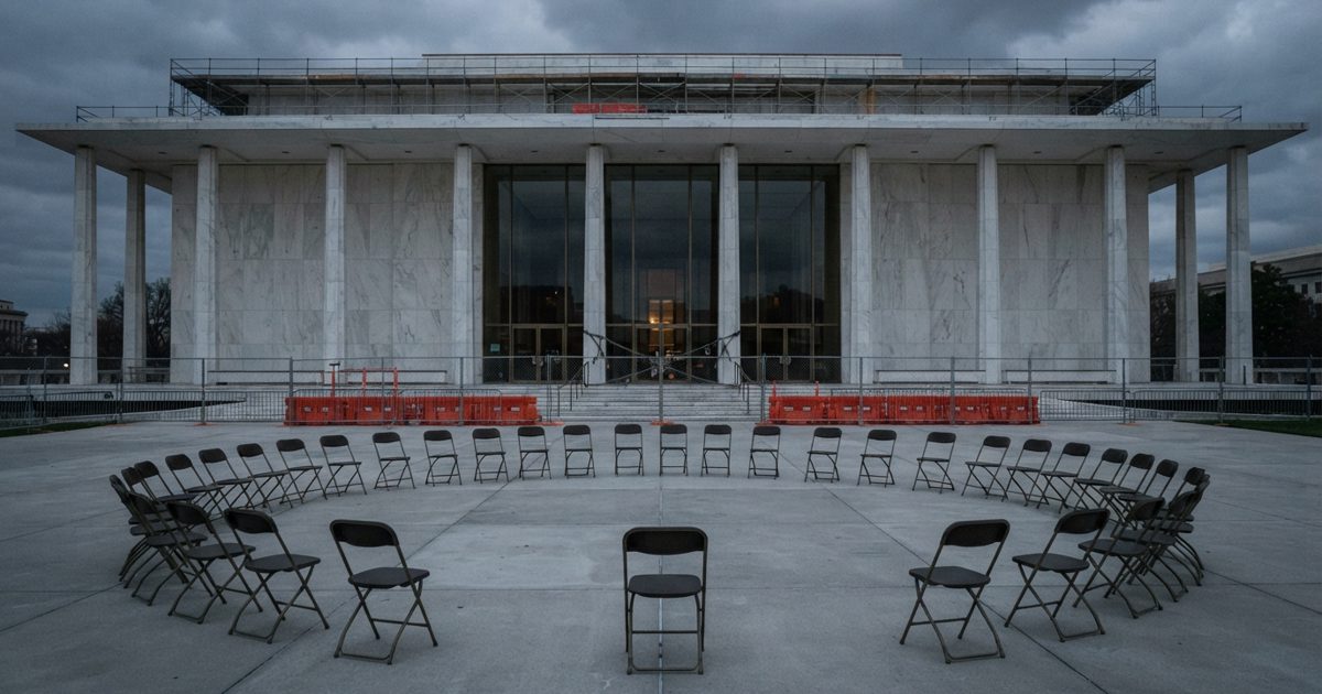 Wide news photograph of the grand marble exterior of a large performing arts center at dusk, its tall glass doors chained shut behind orange construction.