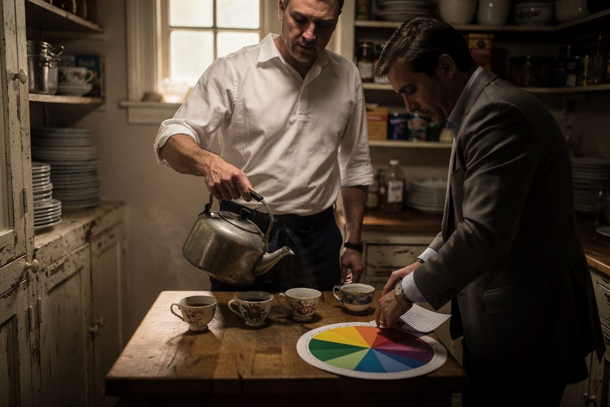 Late-afternoon sun in a cramped mansion pantry, a worker cropped at the chin filling a row of teacups from a dented kettle while a second person at the elbow.