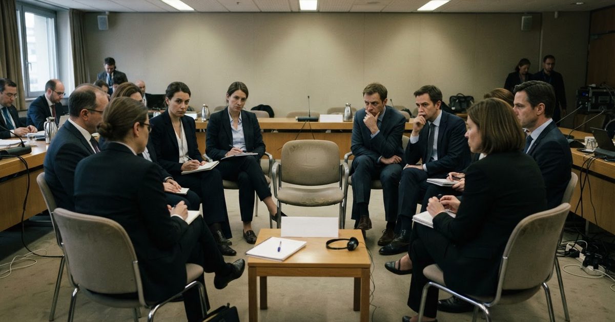A documentary-style press photograph of an anonymous international conference room where suited economic delegates sit in a circle around one empty chair.