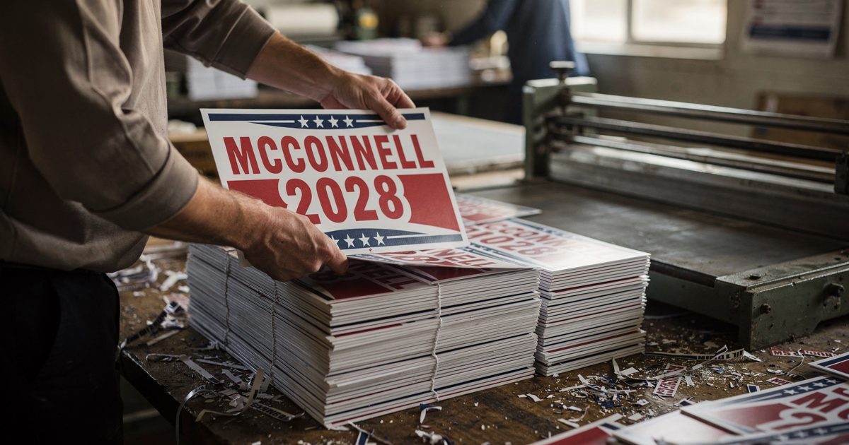 Close early-morning light across a print shop table as a worker's hands lift a still-warm campaign yard sign reading "MCCONNELL 2028" from a stack, a.