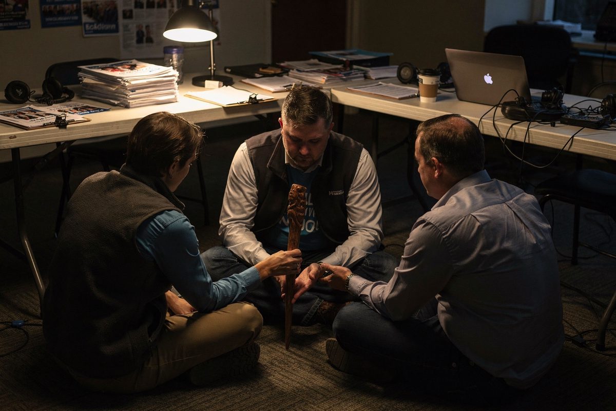 Mid-shot at night under warm desk-lamp light in a cluttered campaign phone-bank room, three staffers seen from behind sitting on the carpet passing a carved.