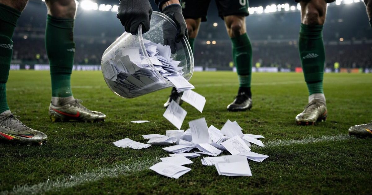 Close shot at pitch level under evening floodlights of a match steward's gloved hands tipping folded paper ballot slips from a clear plastic tub onto the.