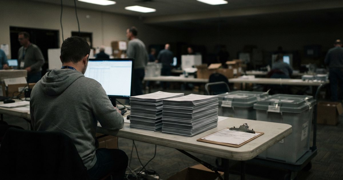 Documentary news photograph inside a quiet election counting center at night, two orderly stacks of ballots on a long table, election workers seen from behind.