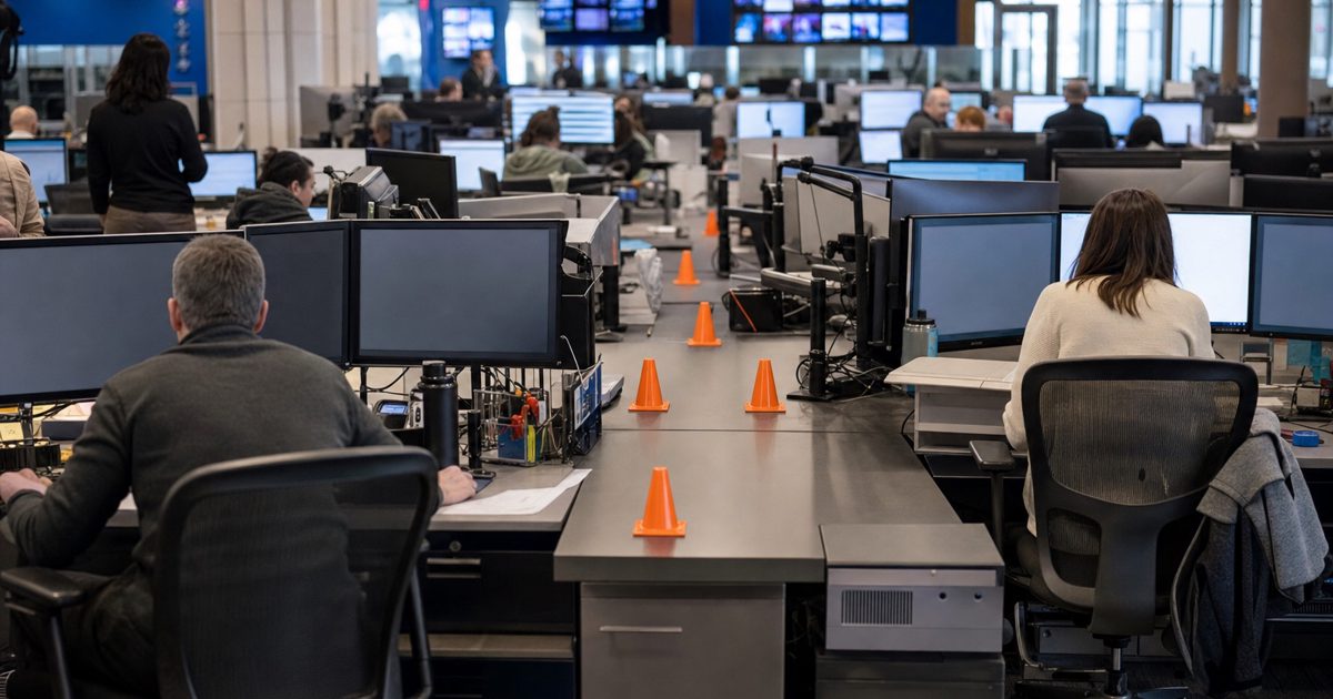 A realistic newsroom photographed in a documentary news style, with editors studying multiple computer screens while small orange traffic cones divide desks.