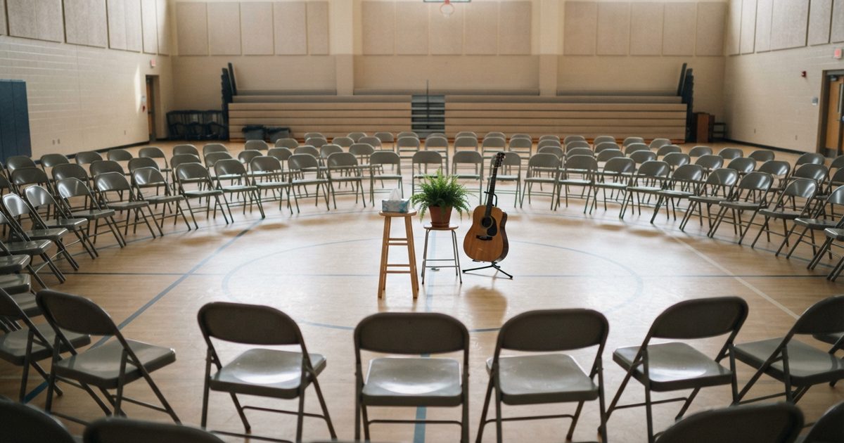 A wide, brightly lit gymnasium where hundreds of empty folding chairs are arranged in a massive, concentric circle on a polished wooden floor. In the exact.