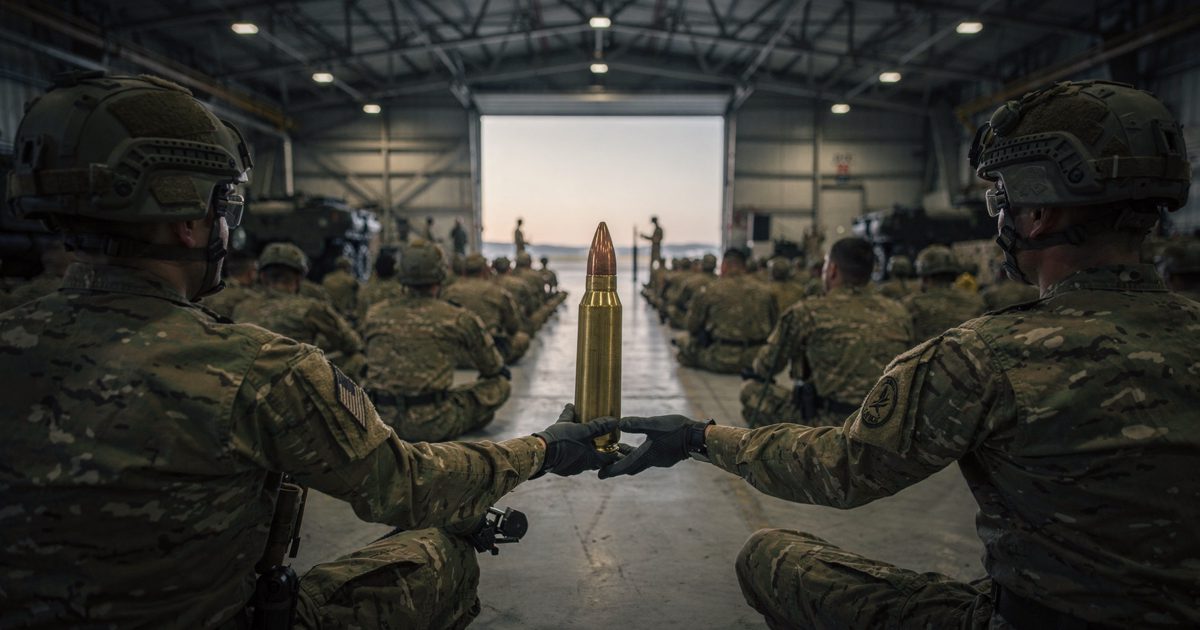 Inside a vast military aircraft hangar at first light, rows of soldiers in fatigues sit cross-legged on the concrete floor shot from behind, a brass artillery.