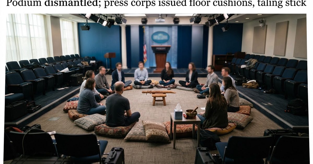 A wide news-photographer shot of the White House press briefing room dramatically rearranged: rows of chairs pushed aside, a circle of floor cushions in the.