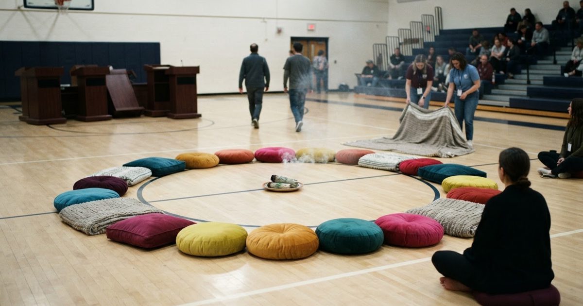 A sterile high school gymnasium set up for a political debate, but the wooden podiums have been pushed to the far edges of the room. In the exact center of the.