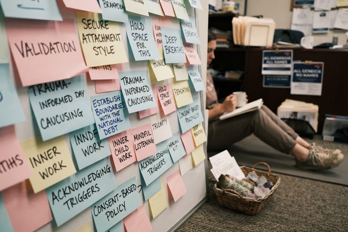 A close-up of a whiteboard in a chaotic campaign office, covered entirely in pastel-colored sticky notes. Instead of voter data, the notes feature therapeutic.