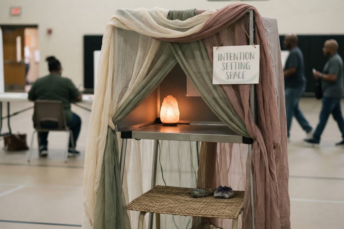 A traditional voting booth that has been radically modified to look like a small meditation tent. It is draped in sheer, flowing fabrics, and a small, warmly.