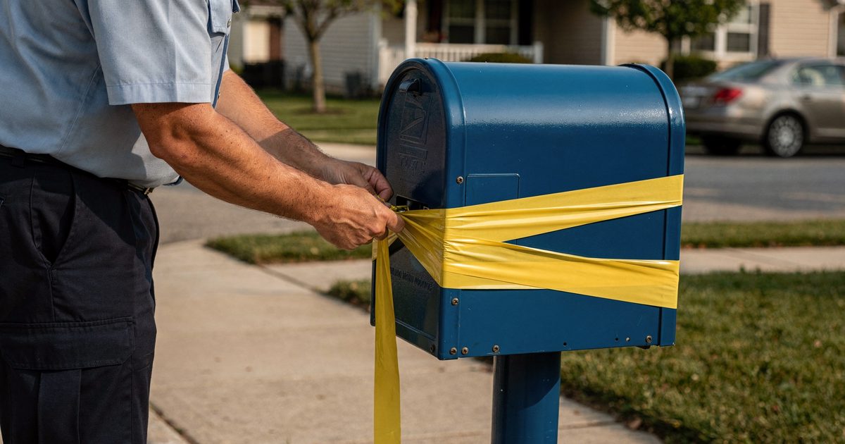 Late morning sunlight casting long shadows across a suburban concrete sidewalk, a postal worker framed from the elbows down wrapping a bright blue mail.