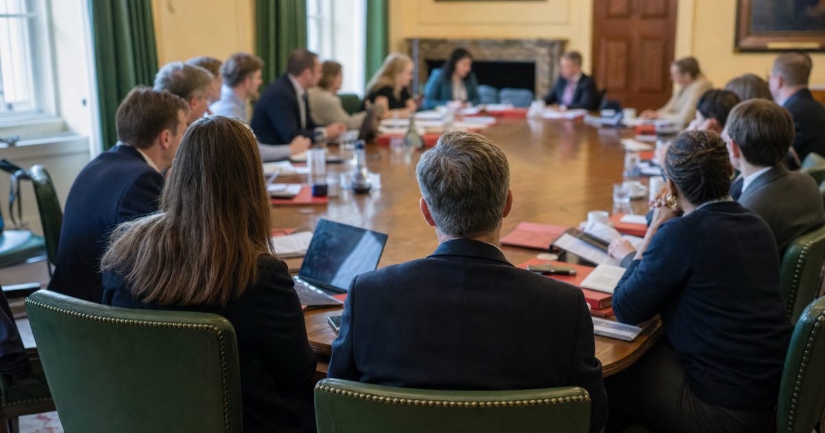 Editorial news photograph inside a modern government conference room, civil servants viewed from behind discussing consumer policy around a long table, folders.