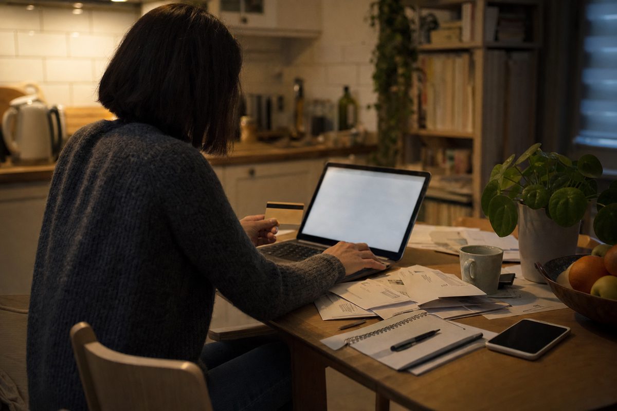 Documentary-style photograph of a consumer at a kitchen table using a laptop and holding a bank card, household bills and a notebook nearby, natural evening.