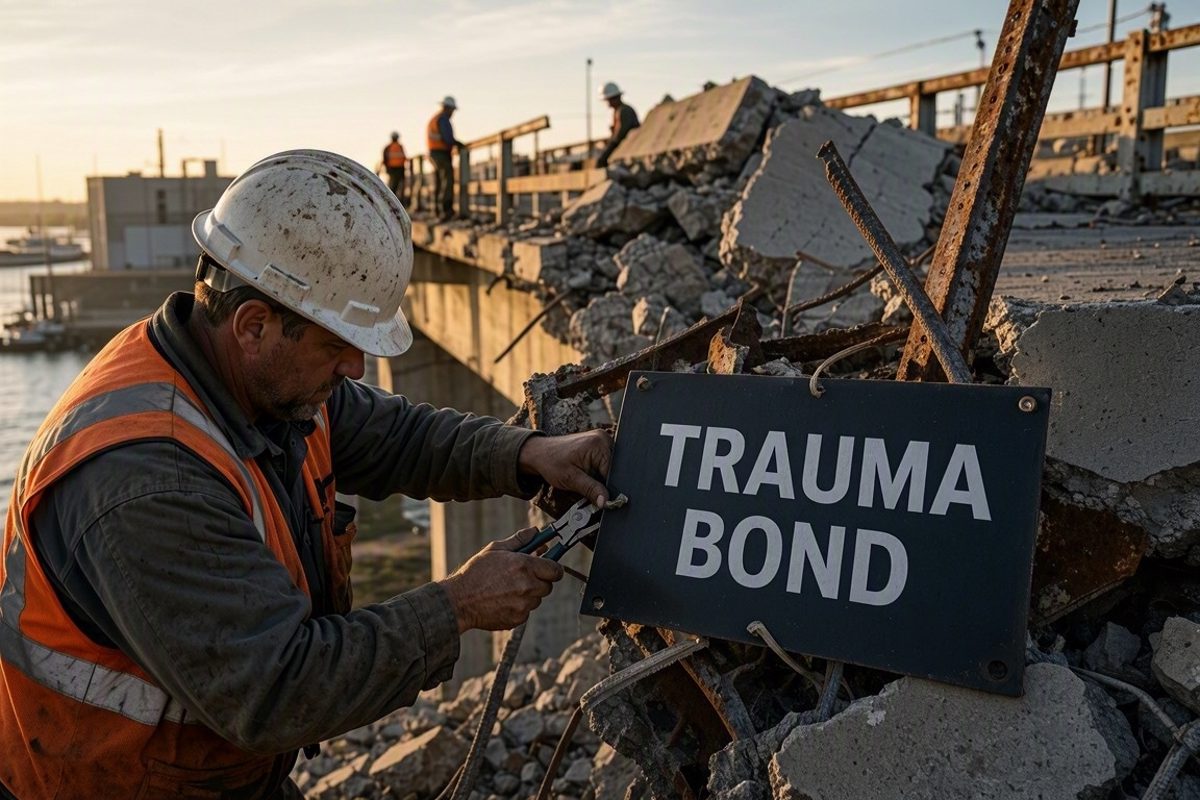 Late afternoon sun highlighting jagged rebar on a collapsed Rhode Island bridge span, where a state engineer in a hard hat zip-ties a heavy plastic sign.