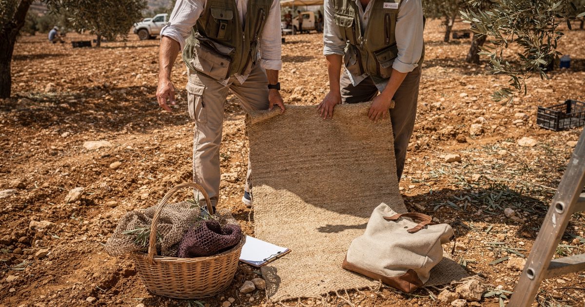 High-angle shot in bright midday sun of a dusty West Bank olive grove where two diplomatic outreach workers seen from the shoulders down in khaki vests unroll.