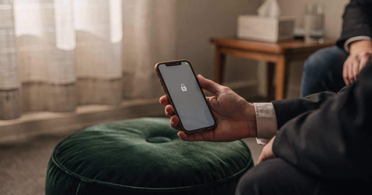 Warm morning light filtering through linen blinds into a quiet therapeutic practice room, a hand cropped at the wrist holding a locked smartphone just above a.