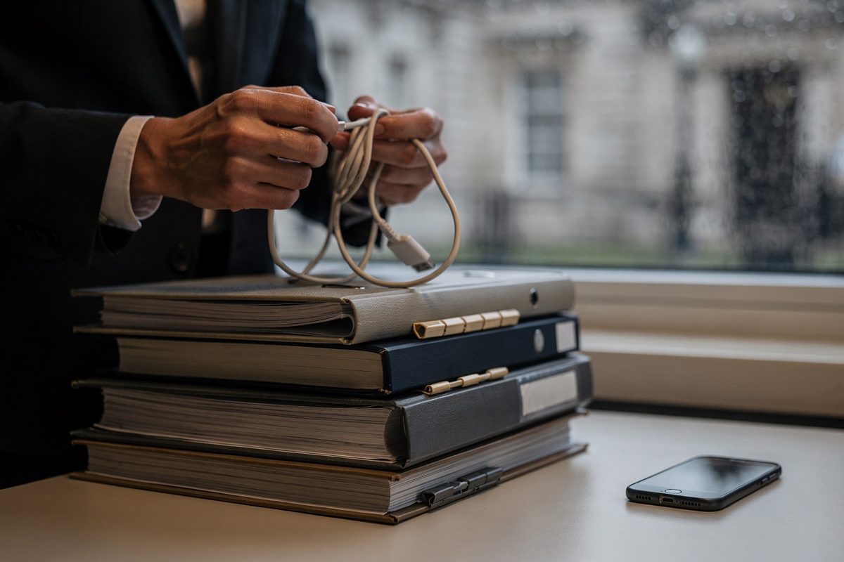 Low overcast daylight through a rain-streaked government office window, a civil servant seen from the shoulder down holding a tangled white charging cable over.