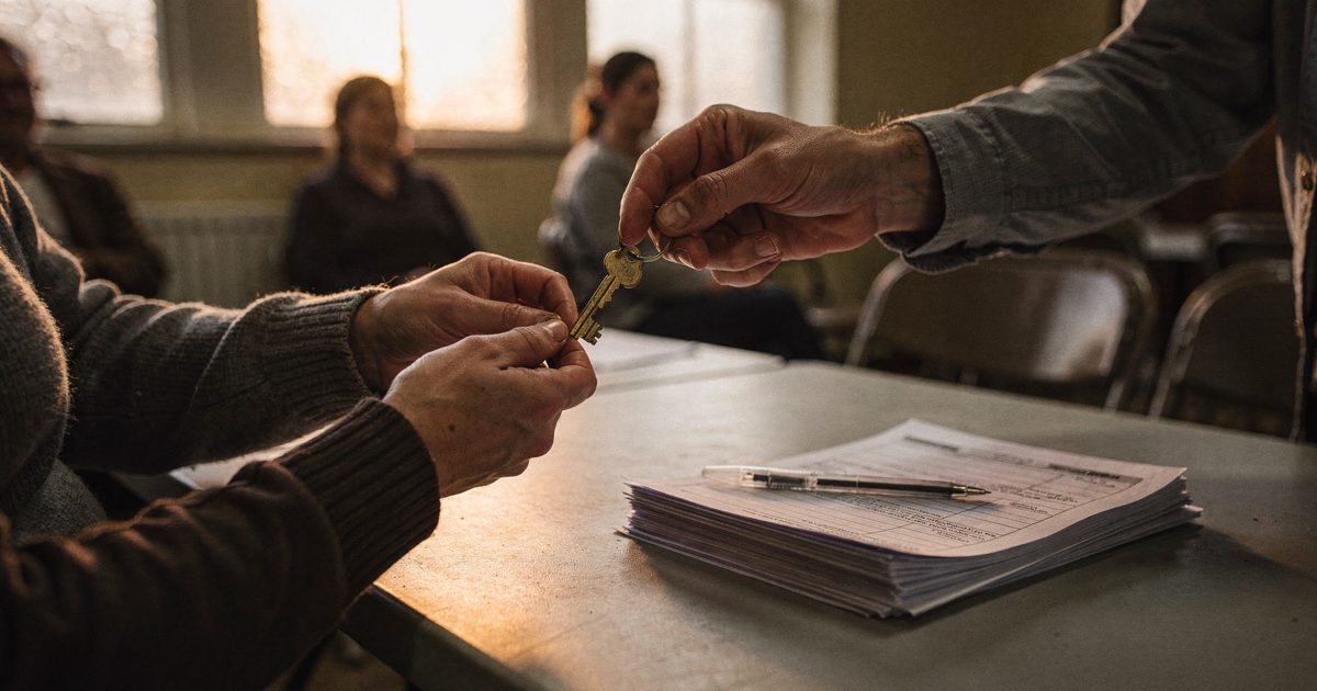 Close-up of two pairs of hands passing a brass door key across a folding trestle table in a community hall, late afternoon sun through high windows, a stack of.