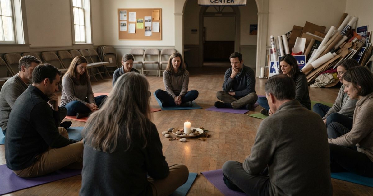 A scene in a softly lit community center hall. A group of adults sit in a circle on yoga mats, looking thoughtfully at a small, unlit candle in the center of.