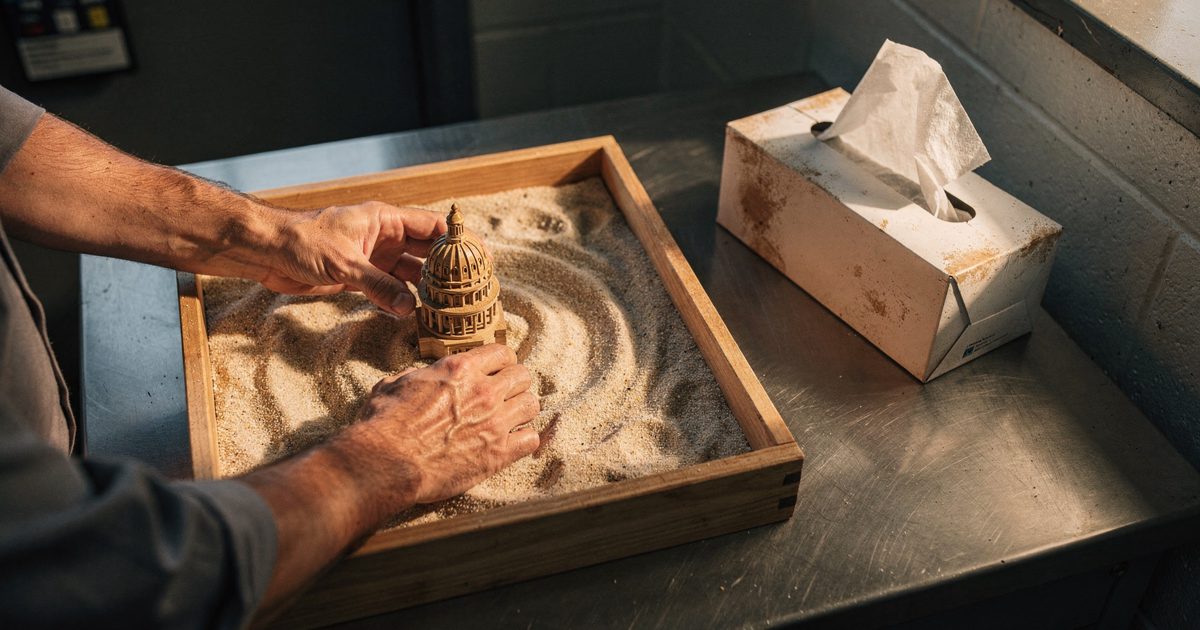 Overhead close shot in warm late-afternoon window light of a sandtray therapy box set on a steel desk inside a Tennessee corrections administration office, a.