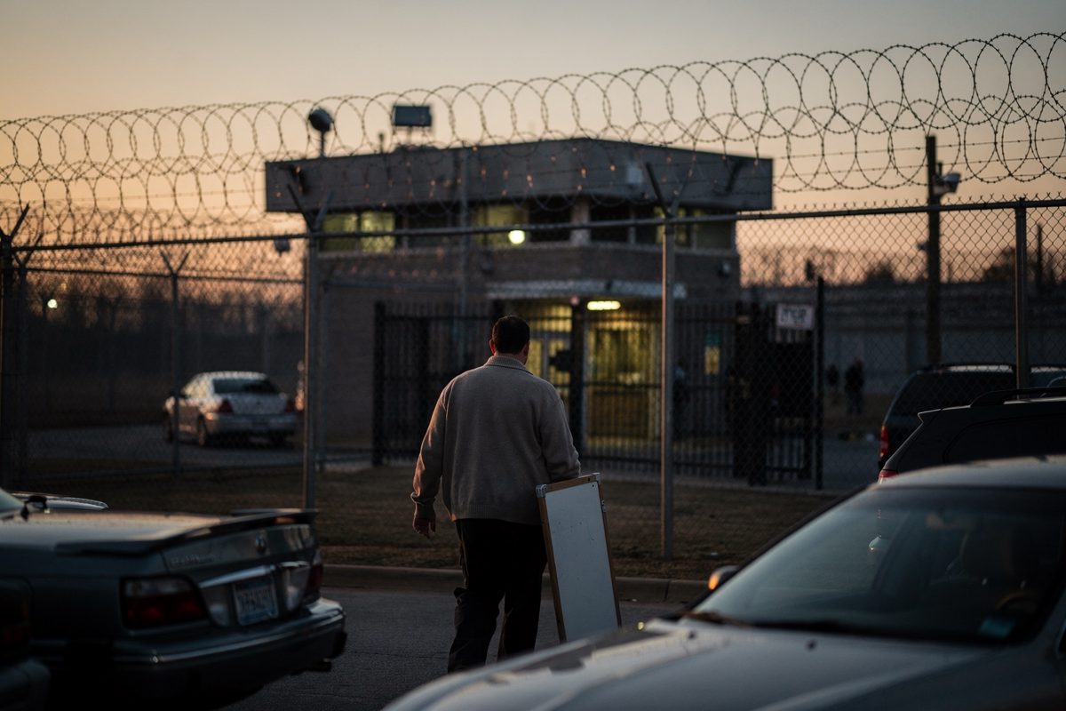 Wide shot from the staff car park outside the perimeter fence of a maximum security prison near Nashville in low orange evening light, a man in a cardigan seen.