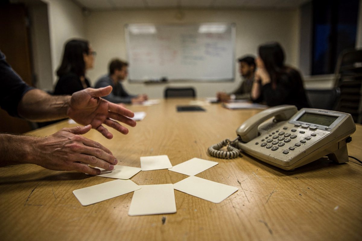 Fluorescent light in a small college seminar room after dark, a facilitator's hands cropped at the wrist fanning six index cards across a wood table beside a.