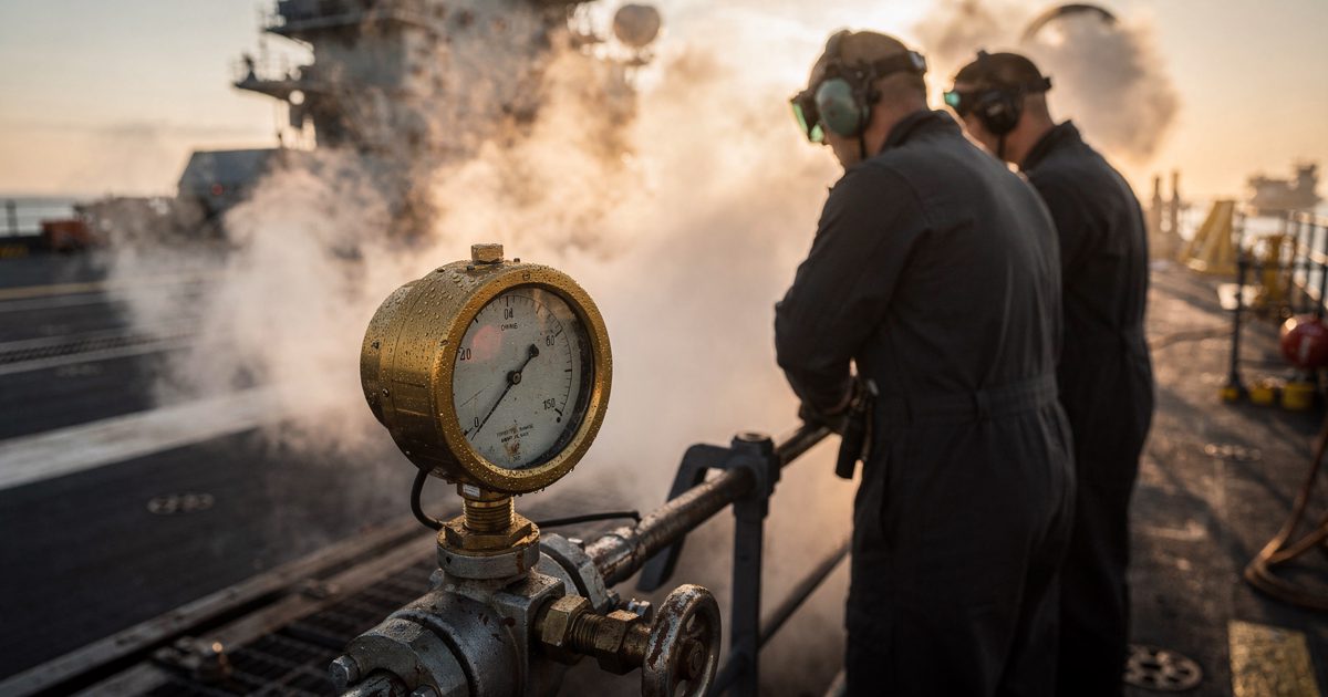 Close-up on an aircraft carrier flight deck at golden dawn, thick white steam billowing from a catapult track as two deck crew in cranials, shot from behind.