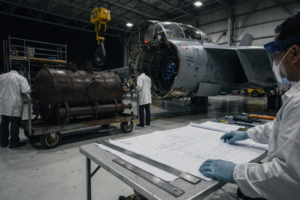 Wide shot inside a fluorescent-lit defense hangar at night, engineers in lab coats part-cropped at the frame edges wheeling a riveted iron boiler on a dolly.