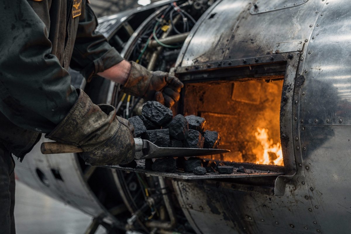 Tight detail of soot-blackened gloved hands shoveling coal from a steel bunker into a glowing firebox door mounted in an aircraft airframe, orange furnace.